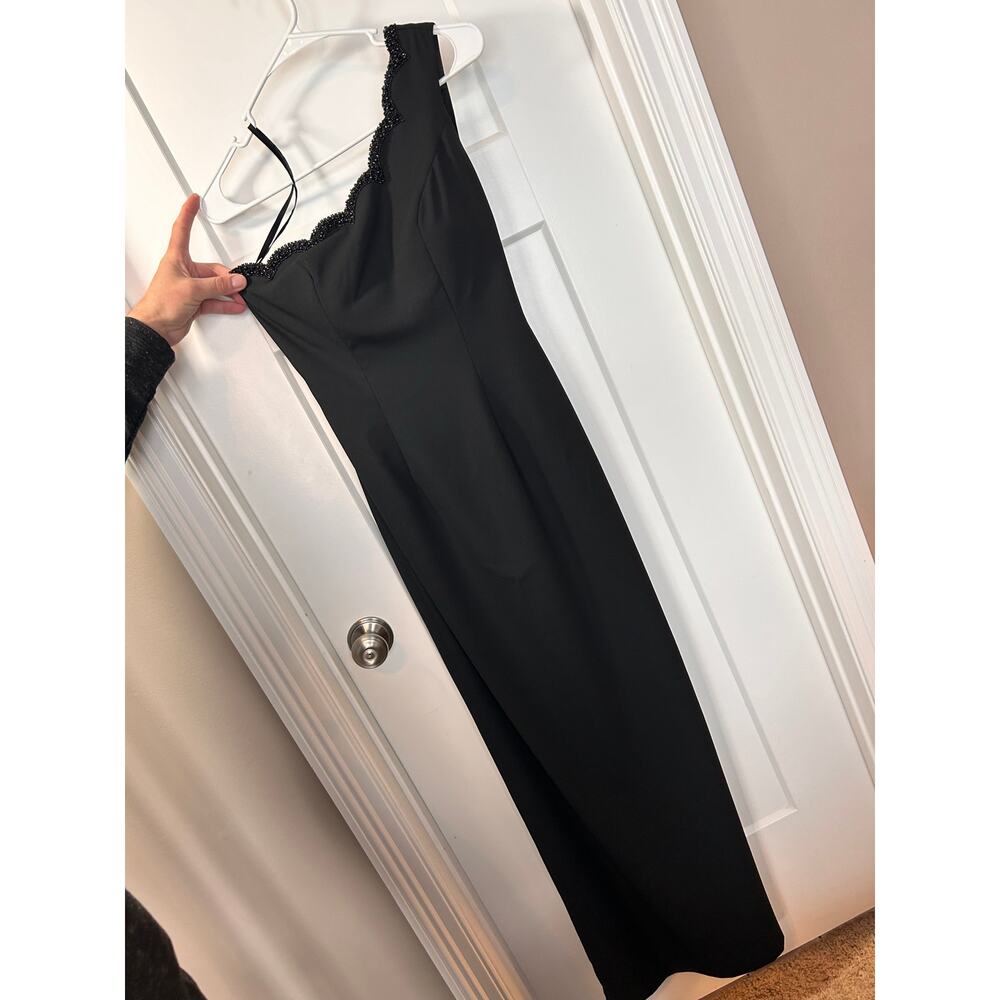 Black One-Shoulder Maxi Dress with Scalloped Trim